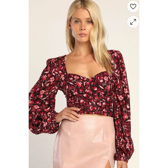 Sanctuary Tops - Blooming with Beauty Burgundy Floral Ruched Long Sleeve Top